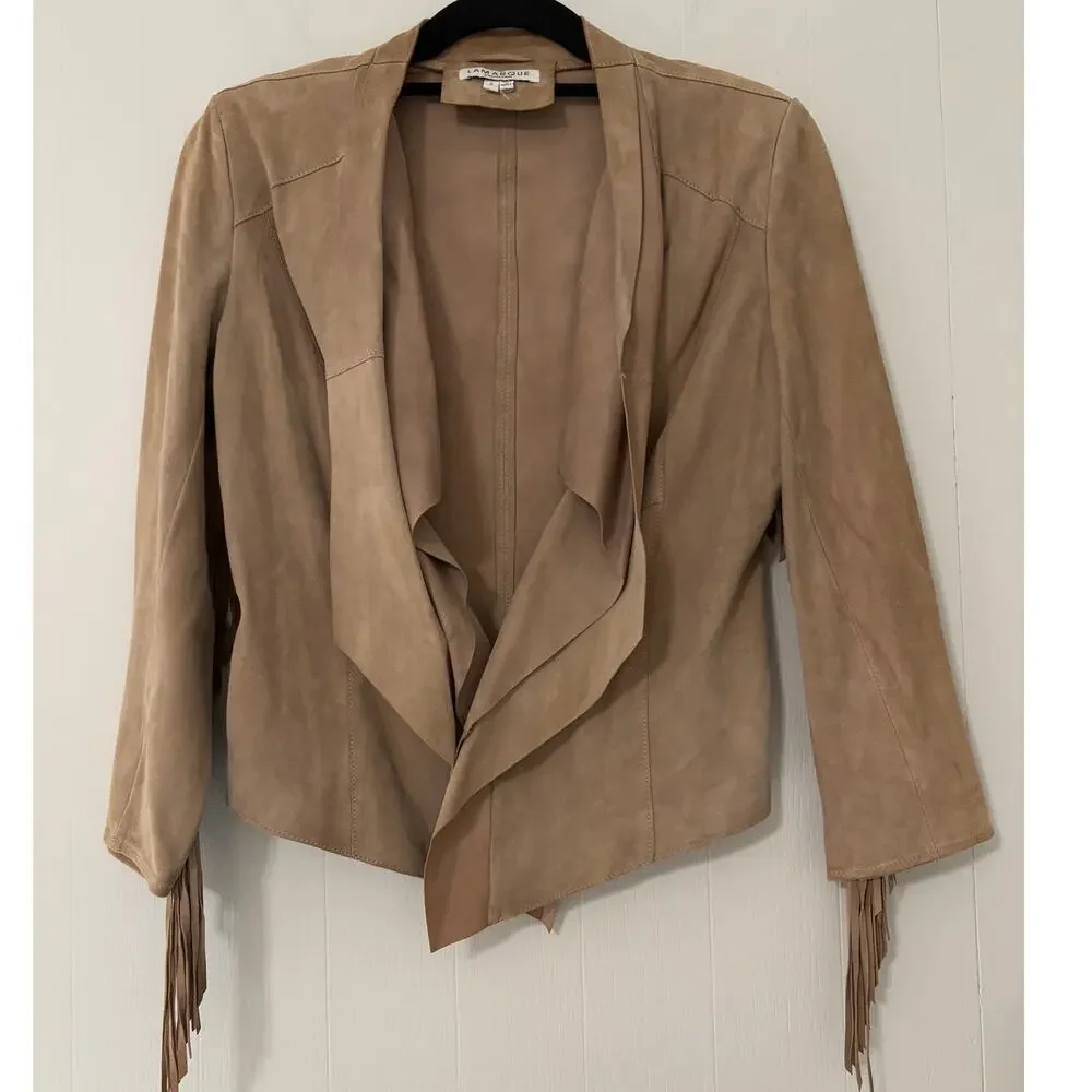 Lamarque Size 2 Fringe Arm Short Waist Drape Collar Leather Evening Coat - Picture 1 of 6